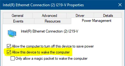 Power Management tab with the Wake Up setting highlighted