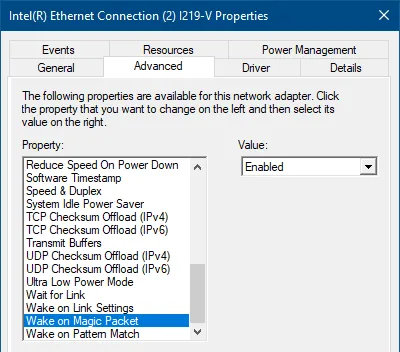Wake on Magic Packet: Enabled